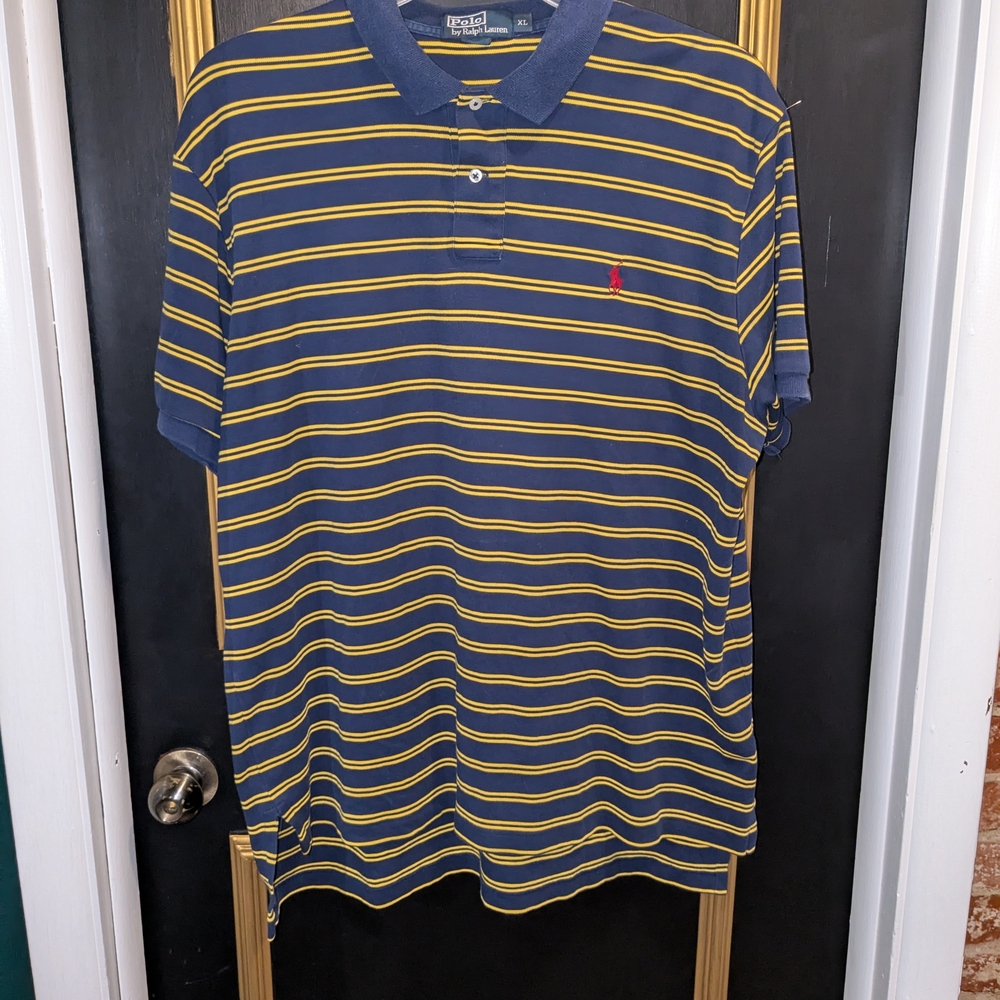 Polo Ralph Lauren Mens XL Navy Blue Yellow Striped Short Sleeve Polo Shirt Pony